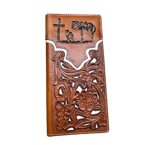 Men’s Long Leather Wallet – Embossed Cowboy Praying at Cross with Laser Cut Floral Design – Christian Rodeo Bifold Wallet for Ranchers, Cowboys & Faith-Based Gifts