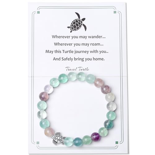 MAIBAOTA Turtle Bracelet Cool Turtle Gifts for Travelers Best Travel Gifts for Women Unique 8 mm Round Fluorite Gemstones Stretch Bracelet