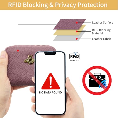 Image of WOZEAH Leather Credit Card Holder for Women Wallet RFID Blocking Zipper Wallet Card Case Business(Purple)