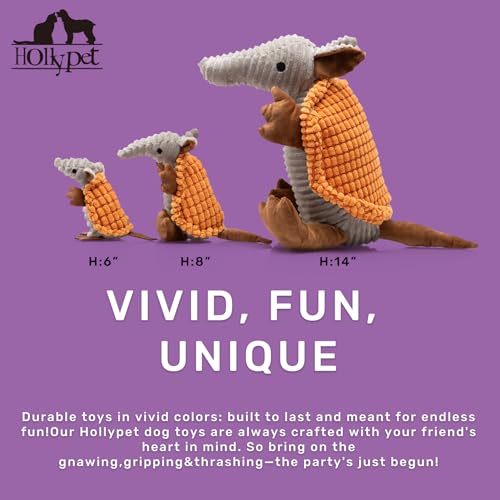 Image of Hollypet Plush Dog Squeaky Toy Stuffed Armadillo Animal Pet Puppy Chew Toys with Clean Teeth for Small Medium Large All Breed Sizes Dogs, Orange, 14 in