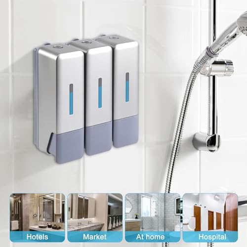 Foto von Hepzest 3-in-1 Seifenspender, Shampoo- und Conditioner-, Seifenabtrenner für das Badezimmer, 3 Kammern für die Dusche, geeignet für Hotelbadezimmer, Zuhause, Schulen, Einkaufszentren.