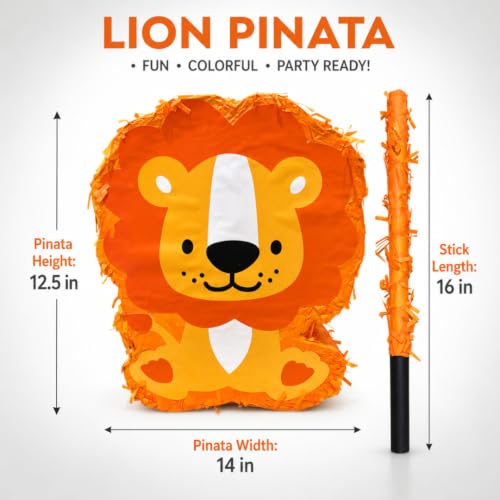 Image of Wanna Party Lion Shaped Pinata with Stick for Kids Birthday Party, Jungle Safari Animal Pinata Khoi Bag, Candy Fillable for Jungle Theme Birthday Decoration