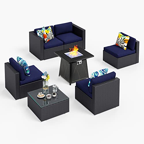 Phi Villa 7-Piece Patio Furniture Set With Fire Pit Table Outdoor Rattan Sectional Sofa Set Wicker Patio Conversation Sets W/Csa Approved 28 Inch 50,000 Btu Propane Gas Fire Pit Table & Coffee Table #TOP7