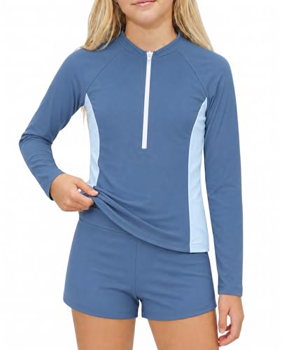 JiAmy Dziewczęce wyściełane biustonosze Rash Guard, kostium kąpielowy dla dziewczynki z długim rękawem, dwuczęściowy strój kąpielowy 7-16 lat, NIEBIESKI, 13-14 Years