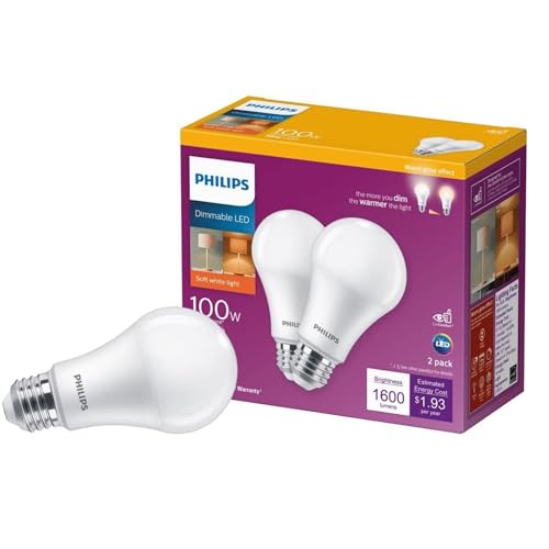 Philips LED Dimmable Warm Glow Effect A19, Flicker-Free, EyeComfort Technology, 1600 Lumen, 2200K-2700K, 16W=100W, E26 Base, Title 20 Certified - 2 Bulbs