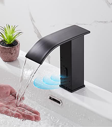 Automatic-Touchless-Bathroom-Sink-Faucet-Black-Waterfall-ACDC-Powered-Motion-Sensor-Faucet-Hands-Free-Tap-with-Control-Box-and-Temperature-Mixer-Sensor-Electronic-Lavatory-Vanity-Sink-Faucet