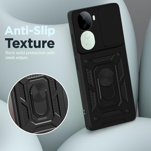 Image of Pikkme Back Cover for Vivo V40e 5G / iQOO Z9s 5G | 360 Protection Case | Sliding Camera Shield Cover & Ring Holder Stand D10 Tough Armor Bumper Case (Black)