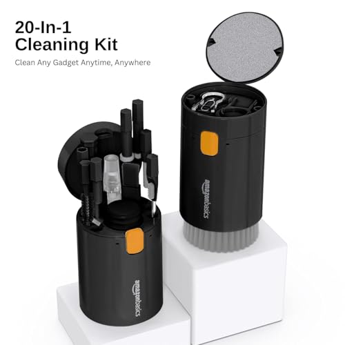 Image of Amazon Basics 20-in-1 Multipurpose Cleaning Kit for Laptop, PC Monitor, Keyboard, Desktop, MacBook, iPhone, Phones and Earbuds (Black)
