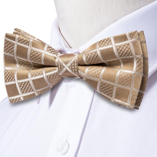 Image of Hi-Tie Champagne Bow Ties for Men Plaid Dots Handkerchief with Cufflinks Mens Bowtie Sets for Wedding Formal Party