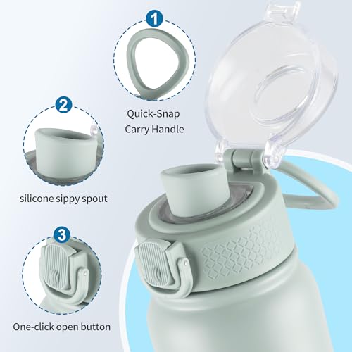 Image of GOPPUS Insulated Water Bottle 20oz Stainless Steel BPA-Free Sports Bottle Ideal for School and Travel Silicone Spout Lid Prevents Leaks, Sweat, and Dust (Light green)