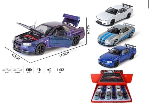 Image of 1:24 Scale Nissaan Skyline GTR-R34 Model Alloy Metal Pull Back Toy car for Kids with Openable Doors & Light, Music Toy Vehicle for Kids (1:32 Nissaan Skyline (Silver))