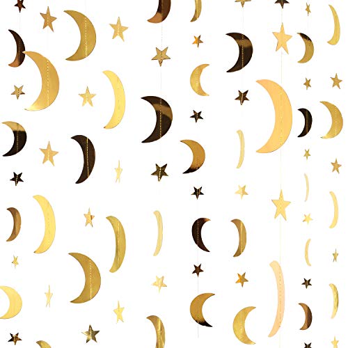 Glitter Star Moon Garland Banner Decoration 130 Feet Gold Bright Star Moon Paper Garland Hanging Bunting Banner Backdrop for