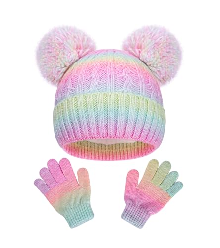 Kids' Winter Knit Beanie & Mittens Set, Fleece-Lined Warm Hat with Double Pom-Pom, Soft Knit Cap & Gloves for Girls & Boys
