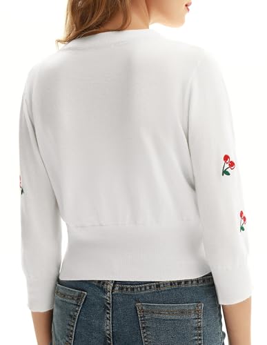 Image of Belle Poque Women's 3 /4 Sleeve V-Neck Button Down Cherries Embroidery Cropped Cardigan Sweater Coat