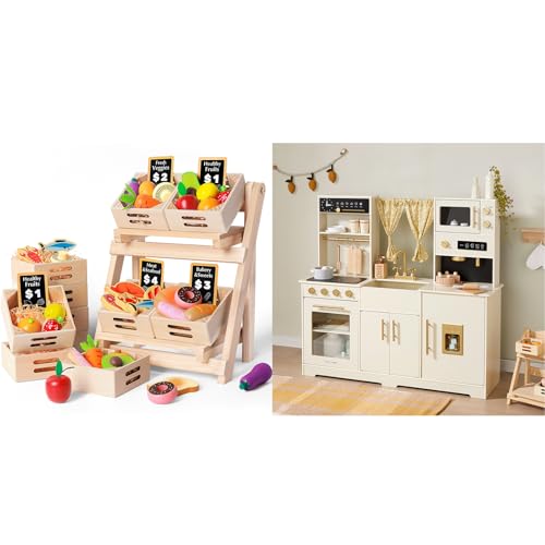 Image of Tiny Land New Modern Wooden Play Kitchen & Wooden Play Food Sets for Kids