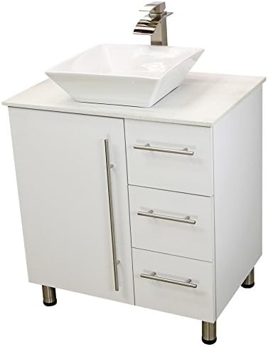 30" Freestanding Bathroom Vanity, White Texture Embossed. White Flat Stone Countertop