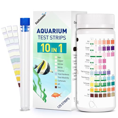 SaySummer Aquarium Test Strips for Saltwater Tank: 10-in-1 125 Counts Salt Water Aquarium Water Test Kit, Fish Tank Test Strips for Testing Salt Chlorine Copper Nitrate pH and More, AQSTTN24