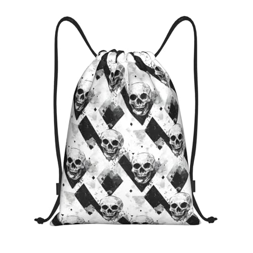 Drawstring Backpack - Retro White Black Skull Print Small Drawstring Gym Bag for Women Men, Sports Cinch String Bag Backpack for Travel Swimming Beach