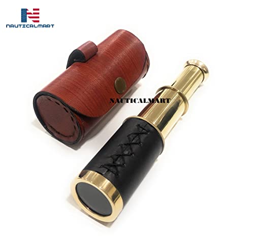 Nauticalmart 6" Handheld Brass Spyglass Telescope With Cylindrical Leather Brown Bag - Pirate Navigation Functional Telescope - Nautical Collectibles #TOP2