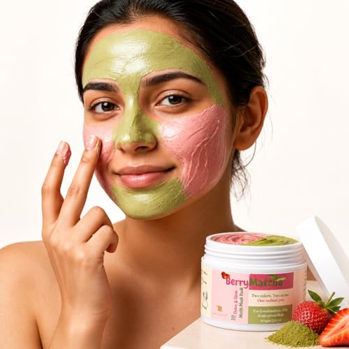 Image of Mamash Organics BerryMatcha Instant Detox & Glow Multi-Mask 100g | Matcha & Strawberry 2-in-1 Face Pack | DIY Texture Clay Mask for Oily & Dry Zones | Pore Detox, Hydration & Brightening | Ayurvedic