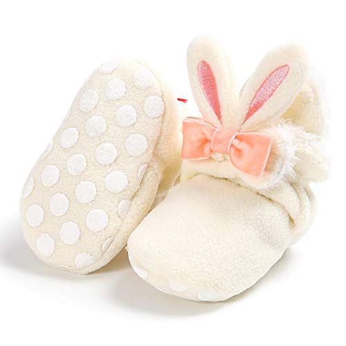 TIMATEGO Newborn Baby Boys Girls Cozy Fleece Booties with Grippers Stay On Slipper Socks Infant Toddler Crib Winter Shoes for Boys Girls, 0-6 Months Infant, 09 White Baby Booties