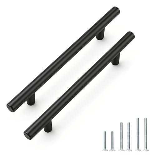 PinLin 20 Pack Kitchen Door Handles 128mm Hole Centre Flat Black Cabinet Handles Stainless Steel Cupboard T Bar Handle (Screws Included)