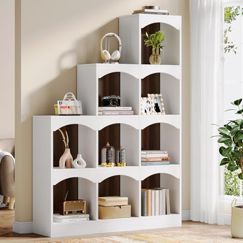Image of Tribesigns 9 Cubes Bookshelf, Modern 9-Cube Stepped Etagere Bookcase, L-Shaped Ladder Corner Open Bookshelf, Wood Storage Display Shelf for Living Room Home Office, White