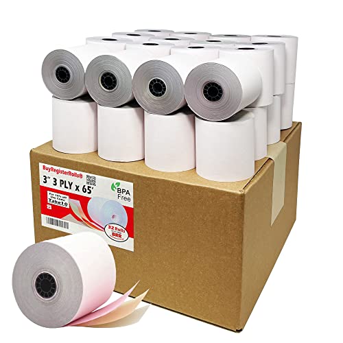 Papel de cocina sin carbono de 3 capas, 3 pulgadas, 65 pies (32 rollos), color blanco, canario/rosa, para TMU 220 BuyRegisterRolls (3 capas, 3 pulgadas, 65 pies)