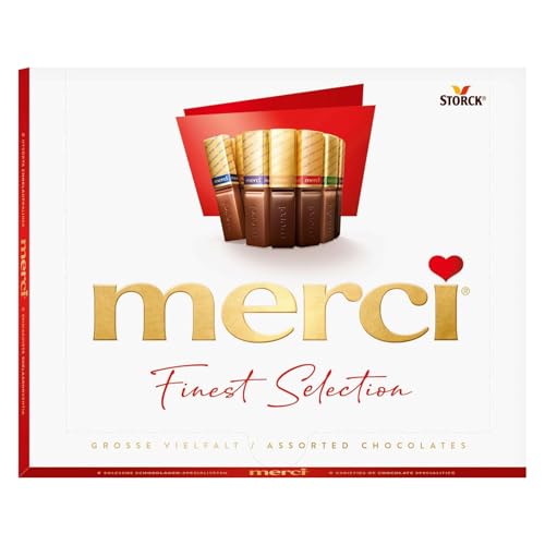merci Finest Selection Gran Variedad – 250 g – Caja de Bombones para Regalar – Surtido de 8 Especialidades de Chocolate con y sin Relleno – Selección Premium – Sin Gluten y Aptos para Vegetarianos