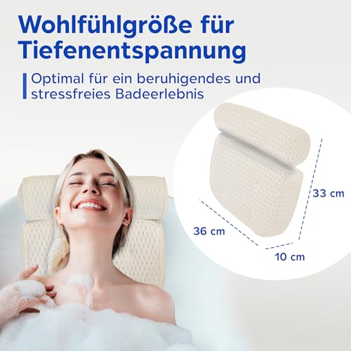 LEODERA Badewannenkissen Weiß - Badekissen für Badewanne - ergonomisches Nackenkissen für die Badewanne - Badekissen mit 7 extra starken Saugnäpfen - Badewannen Zubehör
