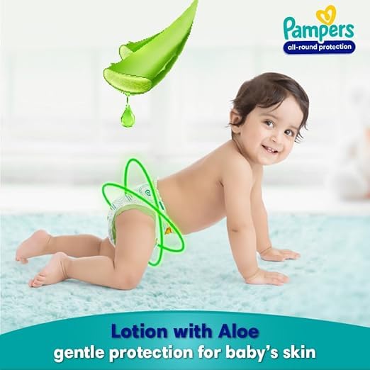 Image of Pampers All Round Protection Pant Style Baby Diapers, Large (L), 48 Count + 10 FREE Diapers Inside Total Count 58, 9-14kg, Anti Rash Blanket, 360 Lotion with Aloe Vera Diapers,New Extraa Lotion with Aloe