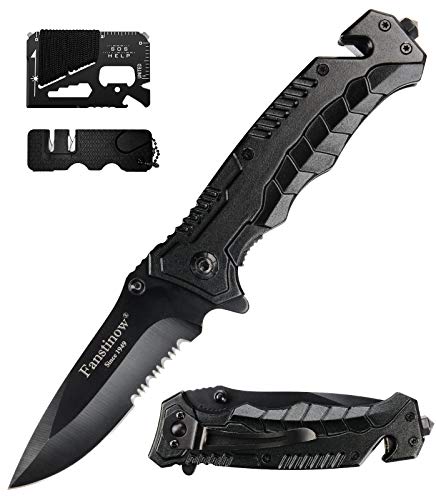 FANSTINOW Pocket Knife - Best Folding Tactical Knife - 7.4in S.S. Folding Knife - with Glass Breaker, Bottle Opener, Pocket Clip - Included Sharpener & Multitool Card - Good Gift for Hunting Camping