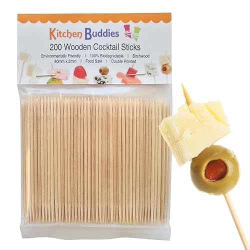 200 Wooden Cocktail Sticks - Premium Birchwood Double Pointed 8cm - Food Safe & 100% Biodegradable - for Food Cocktails & Oral Hygiene