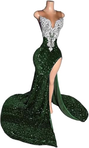 Glitter Sequin Beaded Applique Split Pageant Gala Mermaid Evening Prom Dress Party Gown2