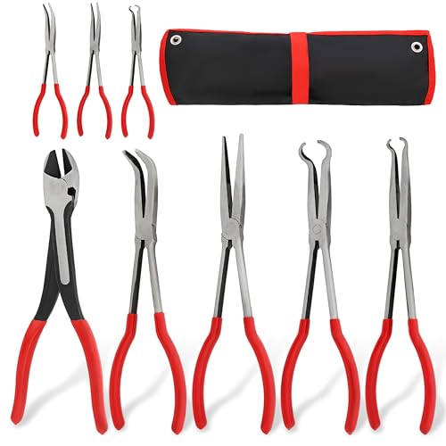 ABN 11in Plier 8-Piece Set – Long Reach Circle, Power Diagonal Cutting, S-Shape, Angled, and Straight Nose Pliers