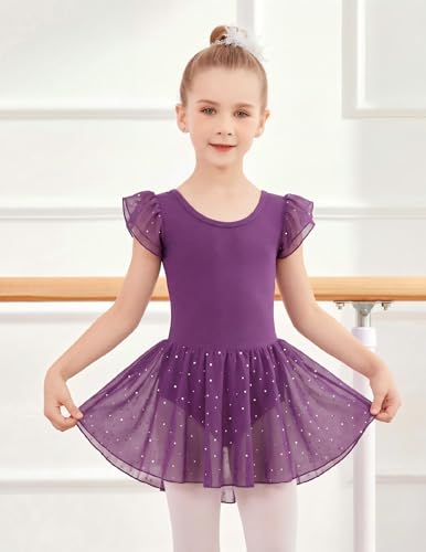 Image of Arshiner Girls Shiny Ruffle Sleeve Ballet Leotard with Skirt Criss-Cross Back Dance Dresses