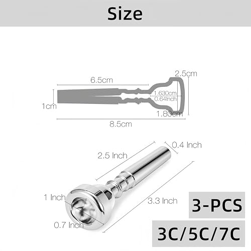 HJYDGJ 3 Stück Zubehör für Trompeteninstrumente Messing Trompete Mundstück 3C 5C 7C Größe Instrument Zubehör Trompetenmundstück - Silber