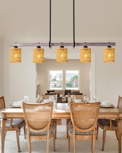Rjieoc 5-Light harmhouse Kitchen Island Light Fixture, Linear Chandelier for Dining Room, 5-Light Rustic Pendant Light Over Table, Handmade Woven Farmhouse Wicker Chandelier - image 8