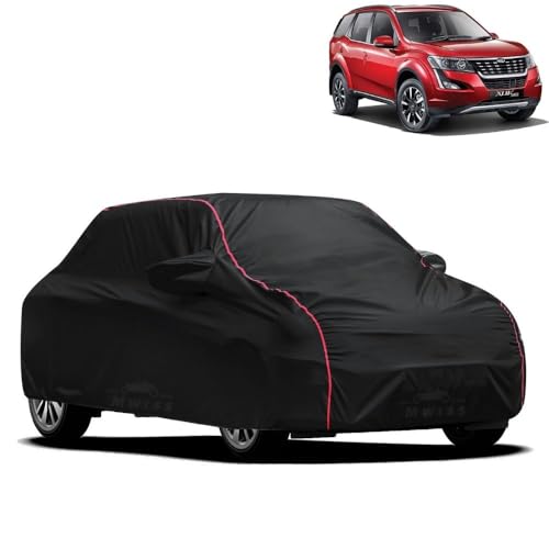 Image of Waterproof Car Cover for Mahindra XUV 500 | All-Weather Protection, Dustproof & UV Resistant | Triple Stitched Mirror Pockets, Windproof Buckle Strap with Elastic Hem, Black-Red Piping