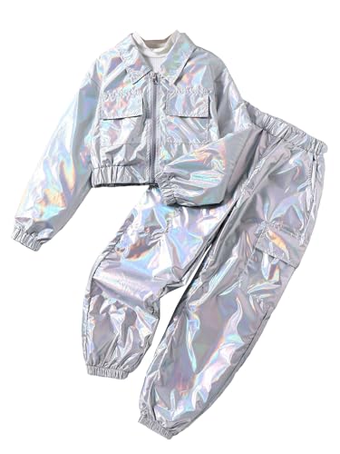 Image of WDIRARA Girl's 2 Piece Holographic Outfit Flap Pocket Zip Up Jacket and Elastic Waist Pants Set