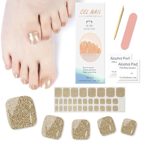 Ceboic Pegatinas Uñas Pies Adhesivas Semipermanente, 32Pcs Uñas de Gel Pegatinas para Pies UV Francesa, Uñas de Gel Pegatinas para Pies Cubierta Completa para Mujeres Uñas Decoraciones - Brillo Dorado