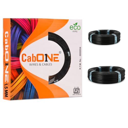 Image of CabONE 1.5 SQ.MM FR PVC Insulated Copper Electrical Wire, 90 Meter (Black, Pack of 2) | ISI Marked Fire Retardant Single Core Cable for Home Wiring