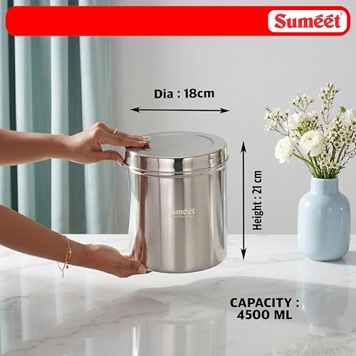 Image of Sumeet Stainless Steel Big Dabba /Canisters /Vertical Storage Container for Kitchen, 18cm Dia - 4500ml - (3.9Kg to 4.5Kg Approx)