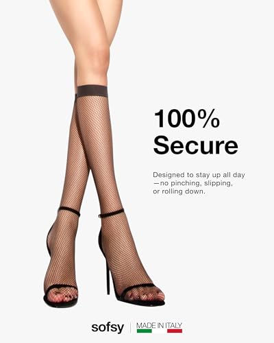 Image of sofsy Italian-Made Soft Fishnet Stockings for Women | 10-Year Hosiery Craftsmanship, Soft Dual Silicone Lace Top, Thigh Highs, Small Grid, Dig-Free, Stretchy