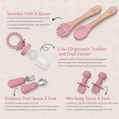 O'doe 17-Piece BPA-Free Silicone Baby Feeding Set | Thick & Soft Suction Plates, Baby Bowls, Wooden Fork & Spoon, and More | Make Mealtime Fun and Easy for Your Little One | Pink, V2