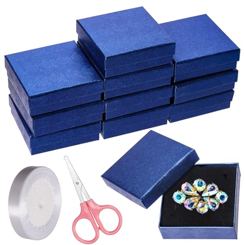 Swpeet 12Pcs Royal Blue 3.5×3.5×1 Zoll Karton Schmuck Geschenk Boxen mit Schere und Polyester Band, Halskette Ohrring Armband Boxen Geschenk Fall Ideal für Schmuck Lagerung Verpackung Display