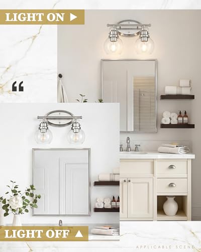 Image of Bathroom Light Fixtures, 2-Light 14 inch Brushed Nickel Vanity Lights with Clear Globe Glass Shades, Farmhouse Vintage Vanity Lighting Fixtures Over Mirror, E26 Base, AD-2147-2W-SN