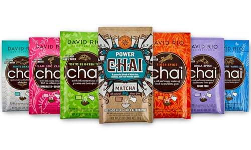 David Rio - Elephant Vanilla Chai, Flamingo Vanilla y más sabores irresistibles de té chai en un paquete de degustación de 7 variedades – 168 g en total – Té chai delicioso de dulce a especiado