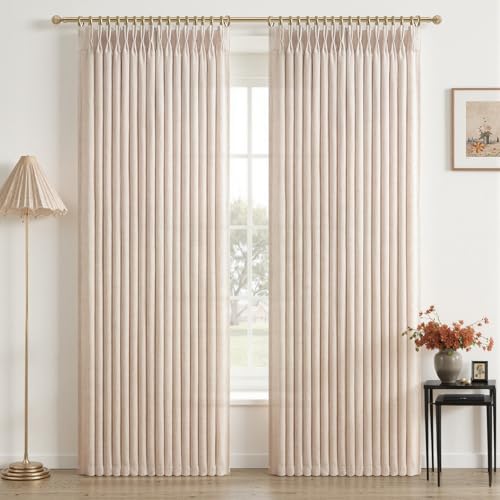 Linen Pleated Semi Sheer Curtains 90 Inches Long 2 Panels Set for Dining Room, Memory Trained Pinch Pleat Light Filtering Taupe Farmhouse Windows Drapes with Back Tab 50x90 Inch Length Bedroom Curtain