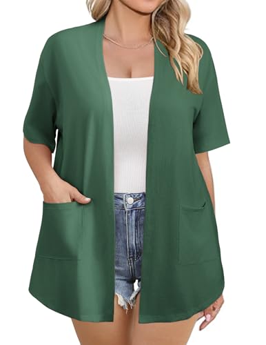 Image of IN'VOLAND Women Plus Size Lightweight Cardigan Short Sleeve Open Front Casual Summer Kimonos Cardigans with Pockets